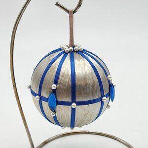 Vintage Push Pin Christmas Ornament Ball Silver Satin Blue Rhinestones MCM